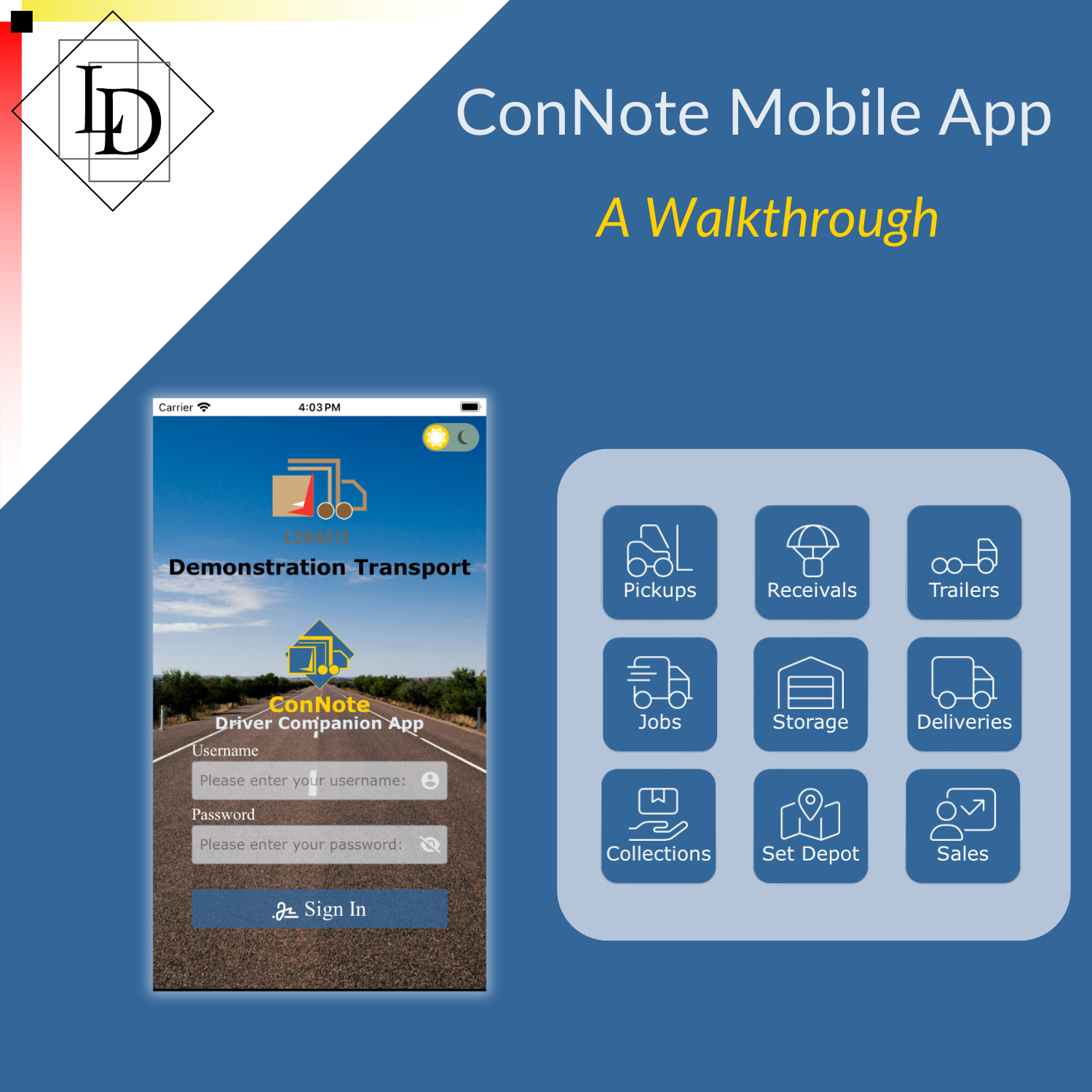 ConNote mobile app login screen.  The icons found on the home screen